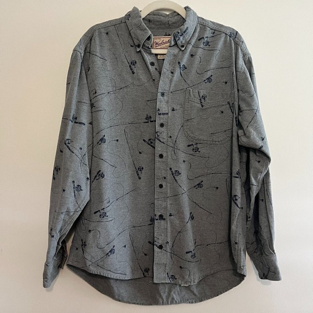 Vintage Woolrich Novelty Print Fishing Rod Soft Button Front Long Sleeve Shirt